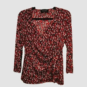 Polished Evan Picone Black Label Red & Black Abstract Wrap Top | Small